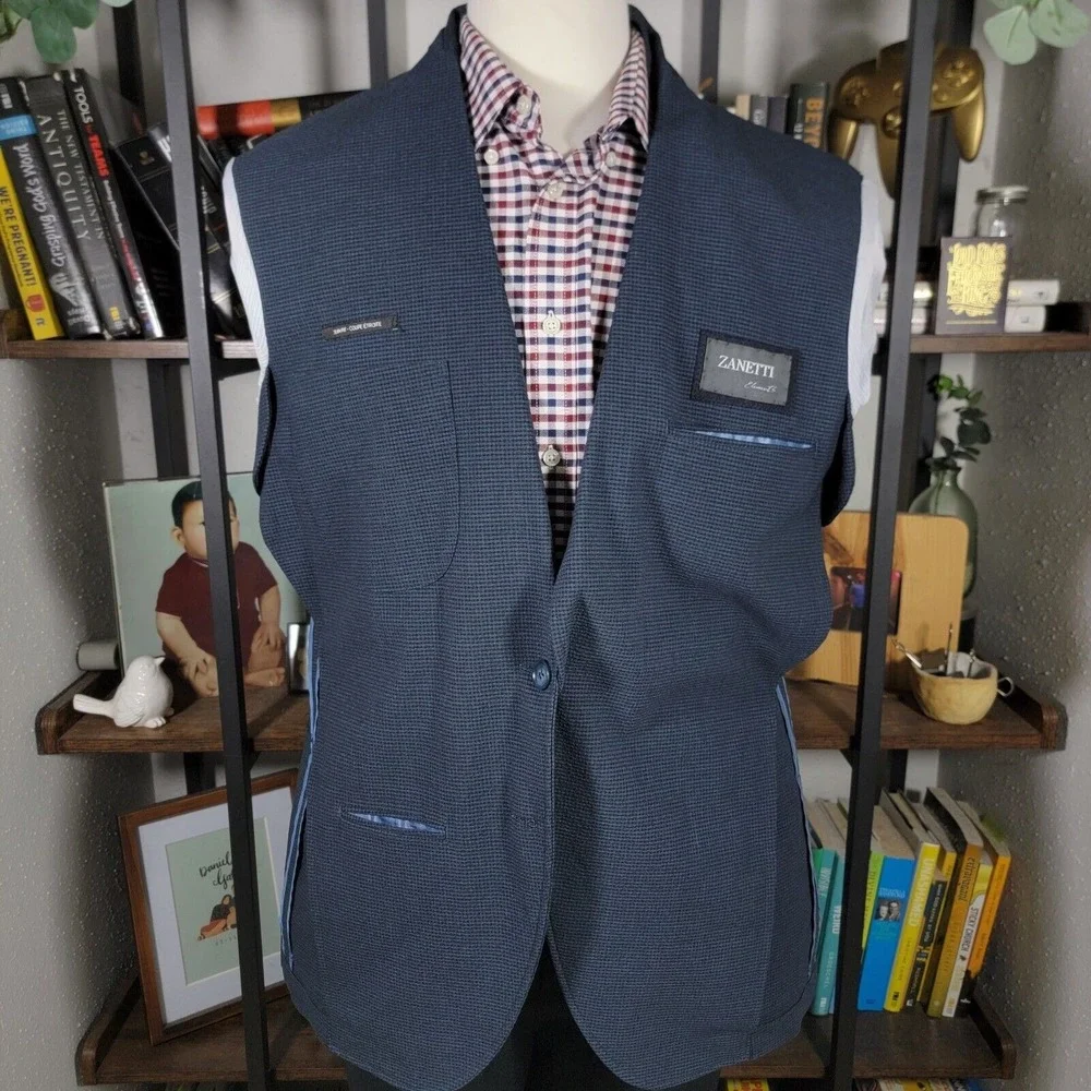 Zanetti Mens Seersucker‎ Sport Coat Two Button Navy Checked Slim Size XL